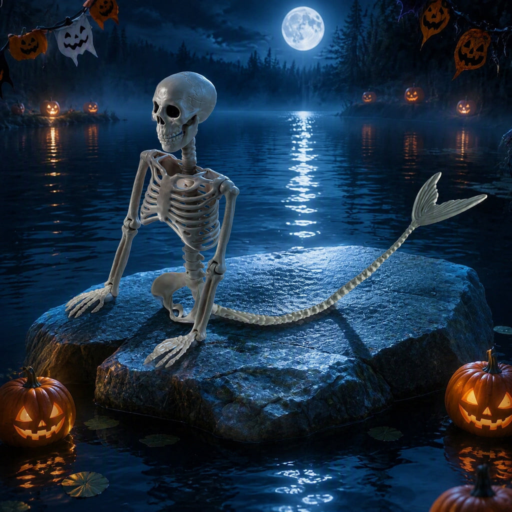 36inch Halloween mermaid skeleton, with flexible joints, can be posed and hung, suitable for Halloween indoor and outdoor decorations, parties, horror scenes and other occasions