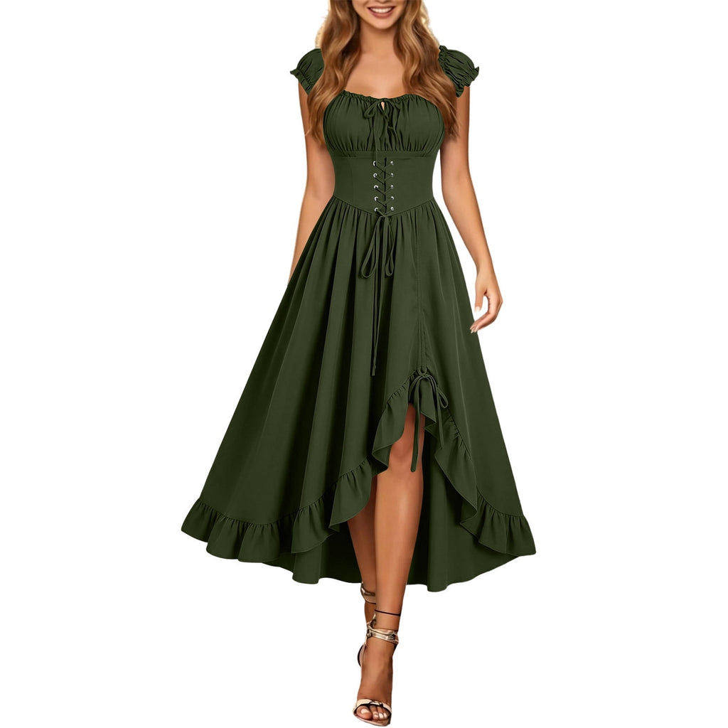 Gothic Dresses for Women Medieval Renaissance Halloween Costume Lace Up Corset High Low Ruffle Hem Square Neck Vintage Gown