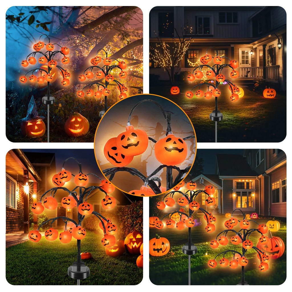 Qoosea 2 packs 40 LEDs Solar Halloween Pumpkin Stake Lights, 2 Modes Outdoor Waterproof Halloween Decorations, Solar Halloween Lights Stakes for Garden Yard Pathway