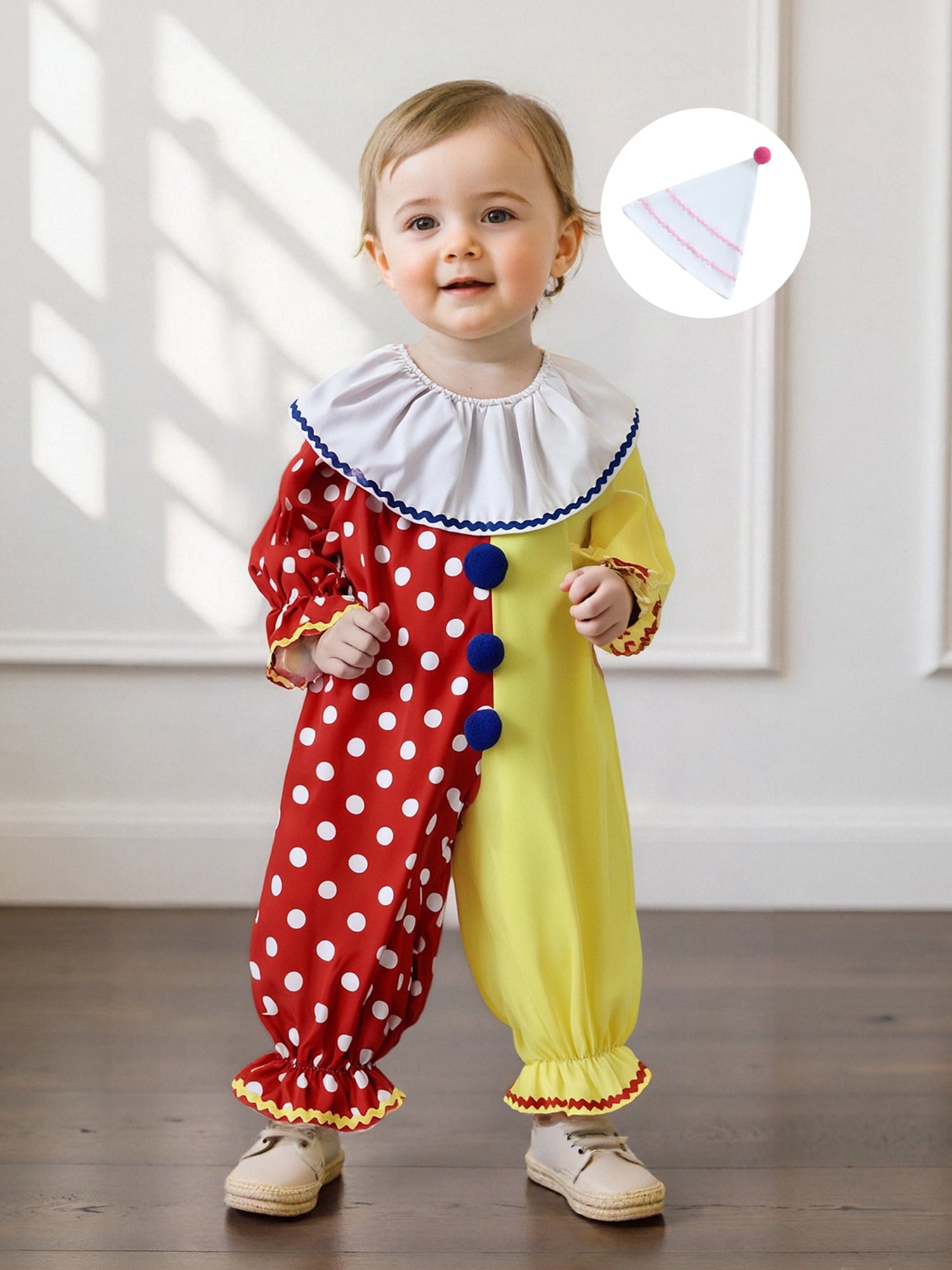 RUINIXCW Kids Toddler Baby Girl Boy Halloween Outfit Clown Costume Infant Baby Girl Boy Romper Birthday Photoshoot Outfit Contrast Color Long Sleeve Jumpsuit Hat