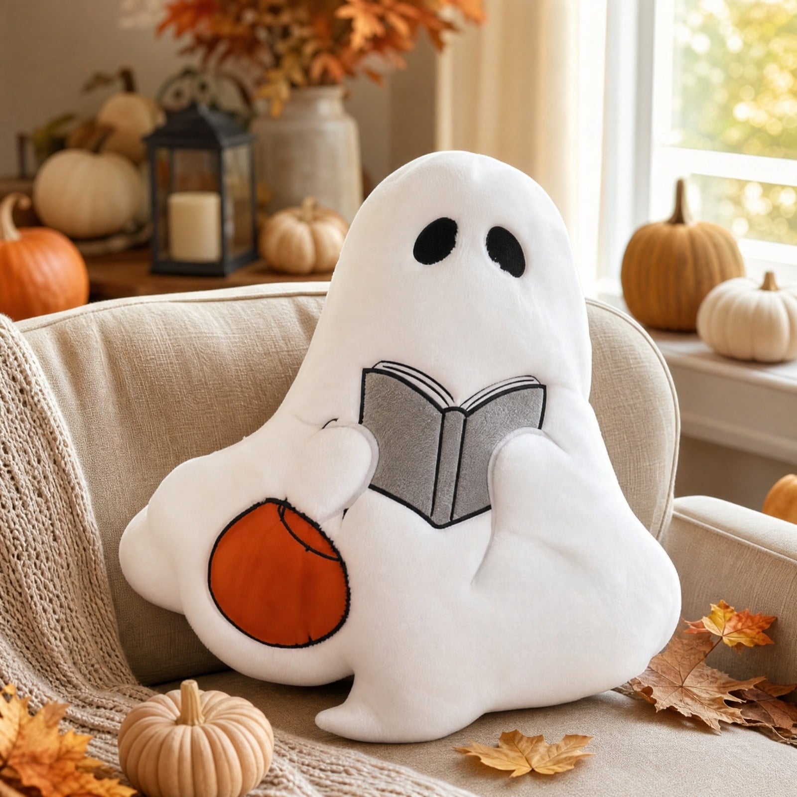 Halloween Ghost Reading Book Throw Pillow Cover, Spooky Library Bookshelf Skull Candlestick Decorative Pillowcase, Retro Halloween Cushion Cover