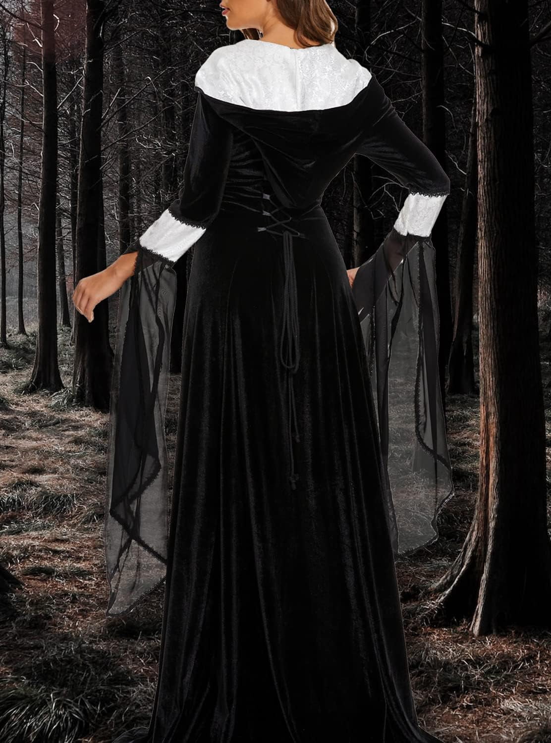 Halloween Witch Costume Women, Deluxe Witch Dress Costume, Vintage Embroidered Renaissance Gothic Hooded Vampire Gown Dress Cosplay Costumes Red S