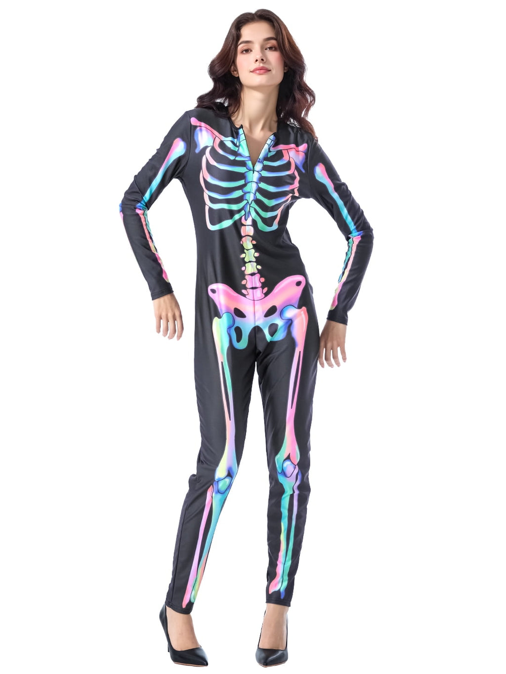 Seasons Women's Halloween Skeleton Costume, Double-Sided Colourful Pattern, Black Light Reactive