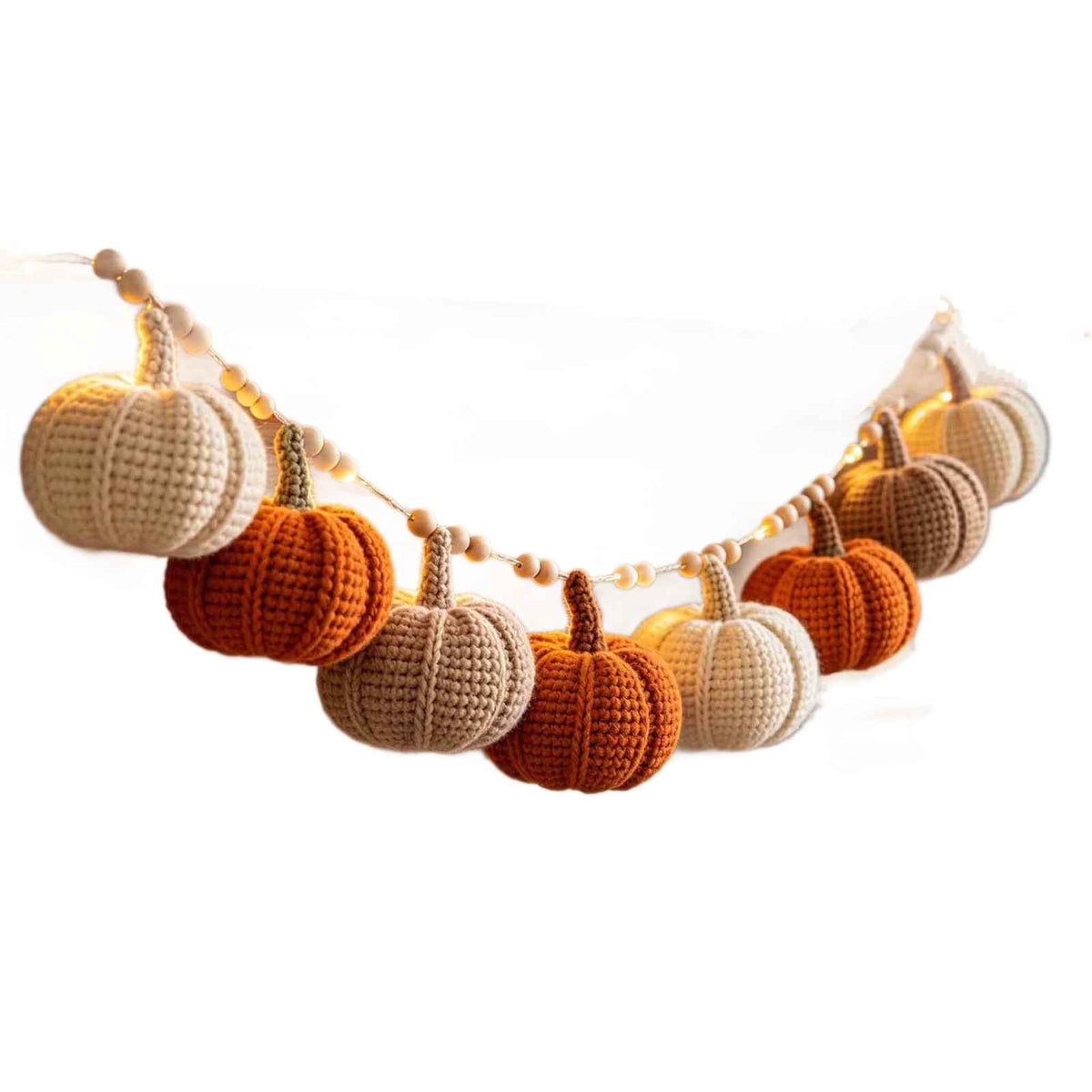 Clearance Fall Knit Pumpkin String Light Wreath, Hand Crochet Multicolor Garland With Wooden Beads, Cozy Odor-Free Cotton Yarn Fall, Thanksgiving and Halloween Decor