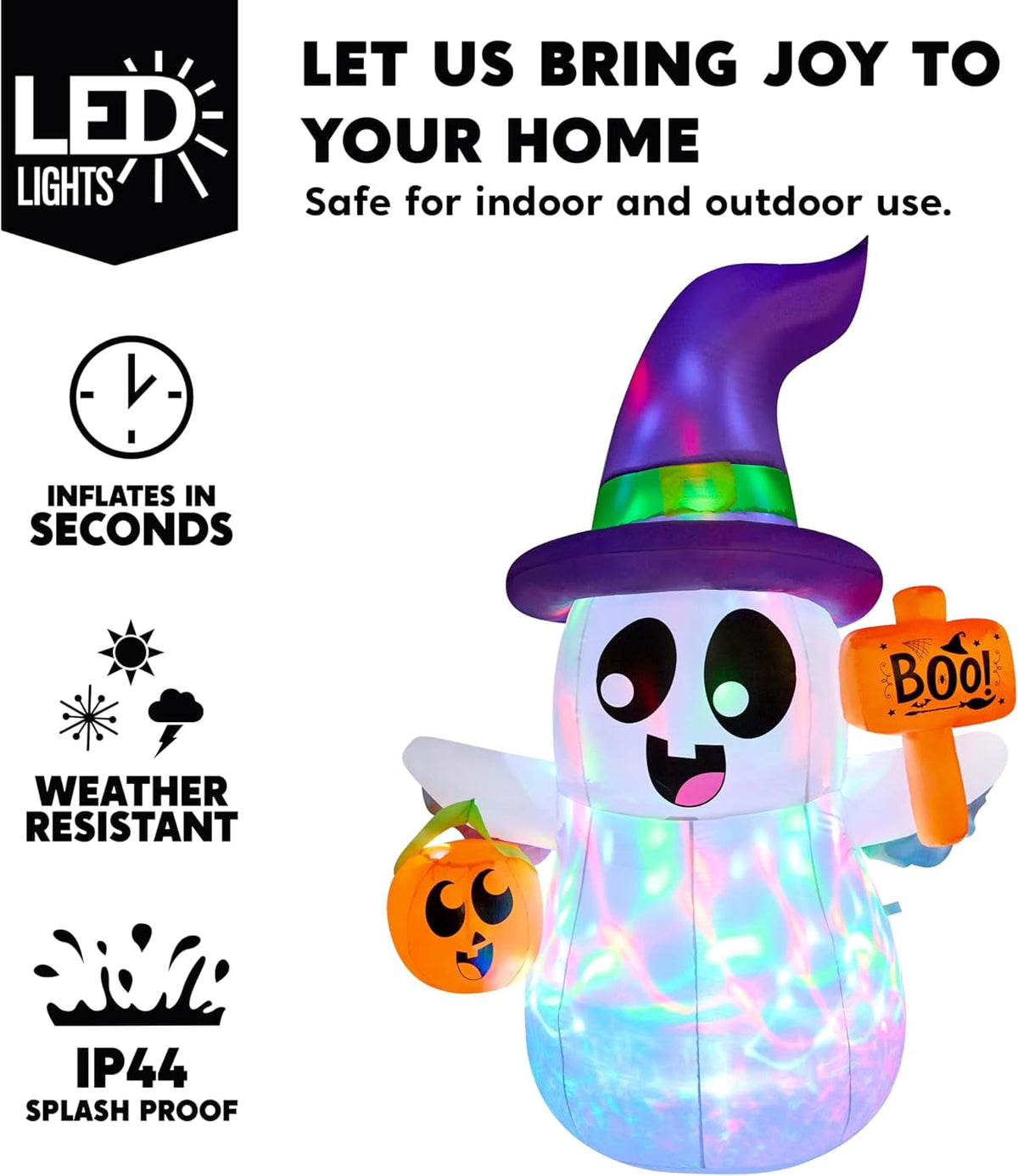 Joyfy 5Ft Halloween Inflatable Pumpkin Ghost with Colorful LED Lights,Halloween Blow Up Cute Decor for Indoor Outdoor Holiday Yard Decoration