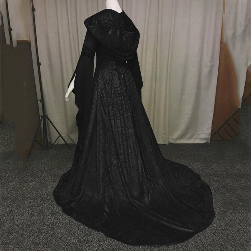 Medieval Renaissance Hooded Dress for Women, Silver Gothic Witch Costume with Lace-Up Corset, Vintage Velvet Long Sleeve Gown for Halloween Cosplay Renaissance Wedding Themed Party-Dark Blue/L