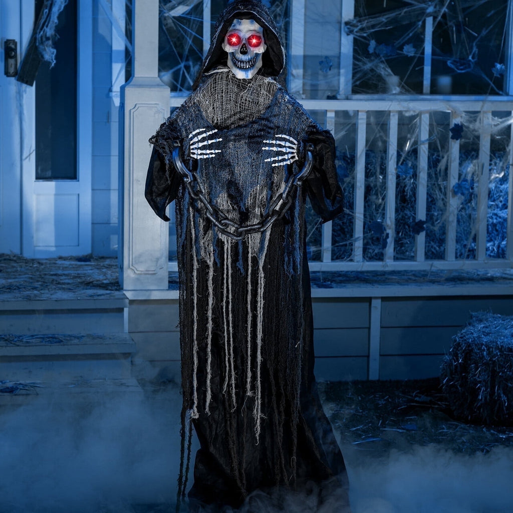 Joyfy 67" Standing Grim Reaper with Chain, Large Halloween Decorations Outdoor, Life Size Animatronics Skelton, Sound-Actived Party Decor with Creepy Sound & LED Eyes, Scary Haunted House Props