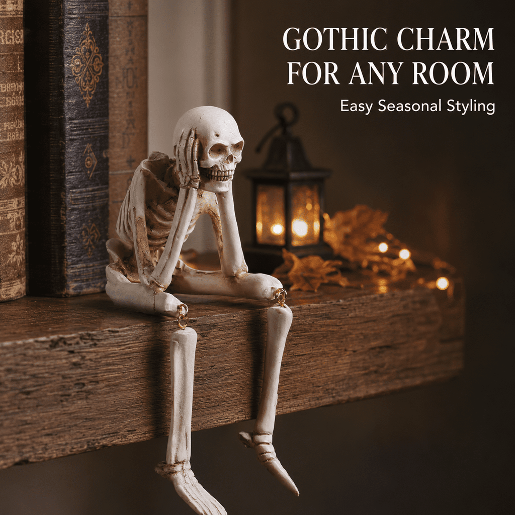 Halloween Decor Skeleton Statue Figurines Skull Decor See No Evil Hear No Evil Speak No Resin Skeleton Shelf Sitters Sitting Figurines for Home Kitchen Party Decor Table Ledge Edge Decorative (C)