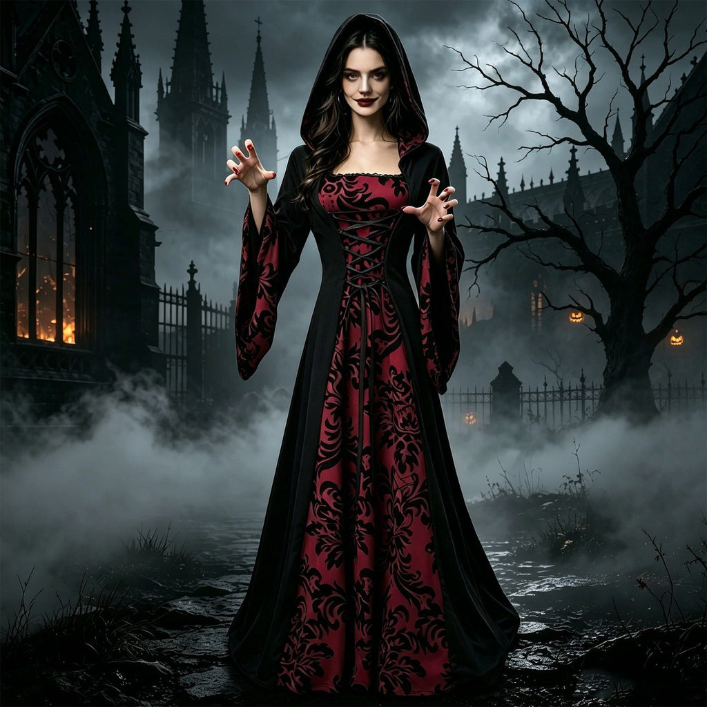 KICILVS Witch Costume Women Hooded Gothic Robe Corset Waist Bell Sleeve Maxi Length Damask Print Vampire Cloak Outfit White