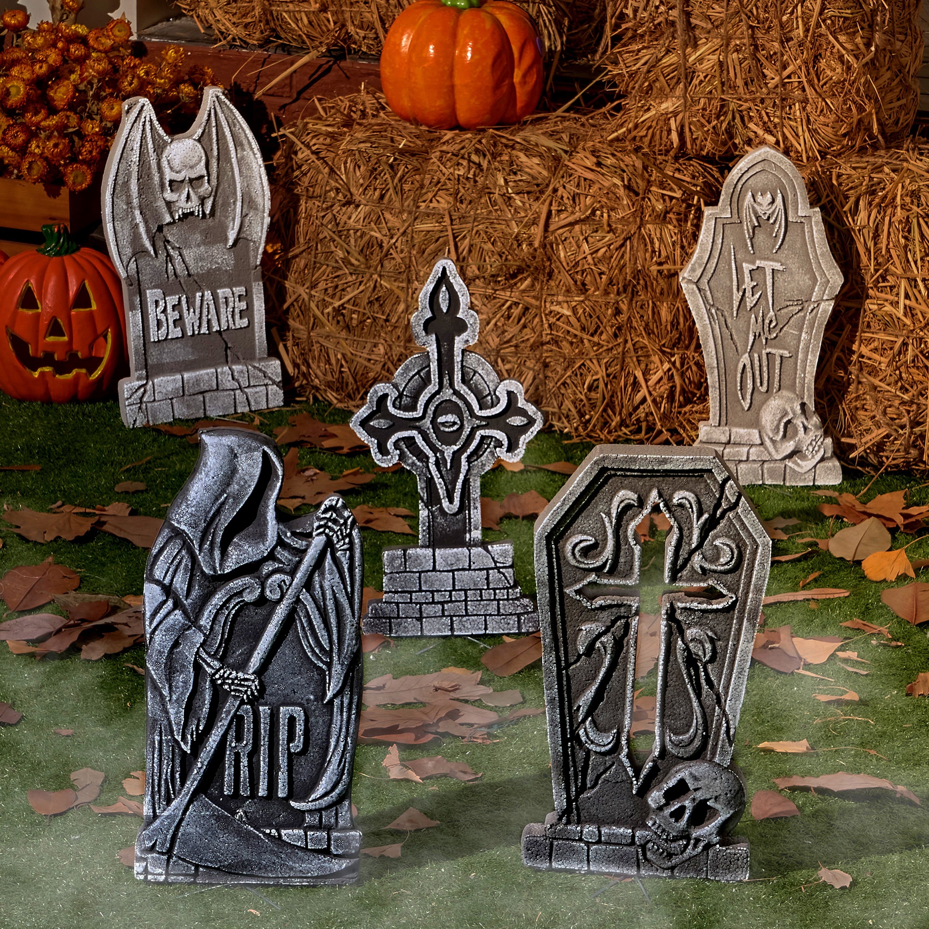 Joyfy 17" Halloween 5 Pack Tombstone Decorations, Foam RIP Graveyard Signs Cemetery Headstones Scary Outdoor Indoor Halloween Decor with 12 Metal Stakes for Easy Set Up, Waterproof for Garden Lawn