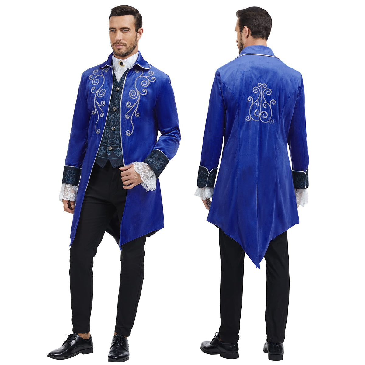 MYATED Medieval Steampunk Tailcoat for Men,Gothic Victorian Frock Coat Renaissance Pirate Jackets Halloween Party Cosplay Costumes,Blue,S