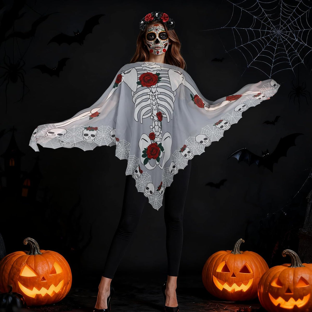 HIFOT 6pcs/set Spider Costume Adult Spider Web Poncho Tights Spider Necklace Chocker Earings Mask and Witch Hat Halloween Costumes for Women