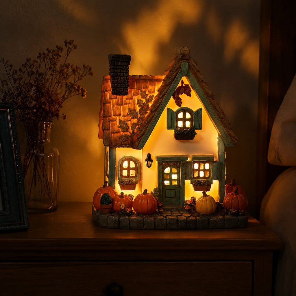 Fall Harvest Light Up Cottage House, LED Resin Pumpkin Autumn Halloween Thanksgiving Tabletop Decor with Warm Glow for Mantel Shelf Home Office Seasonal Decoration, 6" (1 PC)