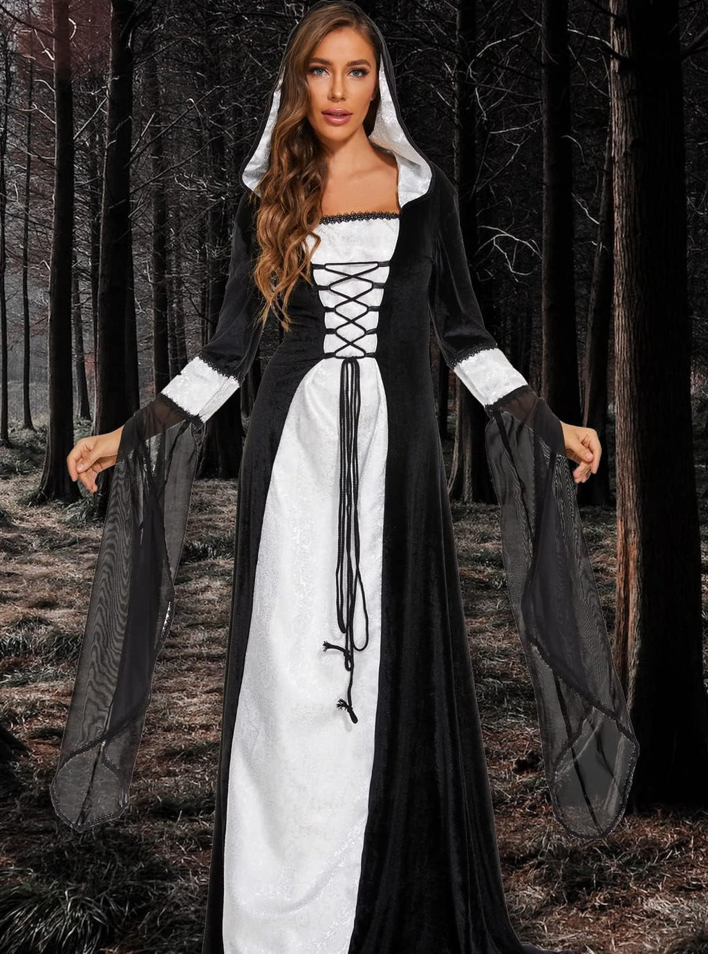 Halloween Witch Costume Women, Deluxe Witch Dress Costume, Vintage Embroidered Renaissance Gothic Hooded Vampire Gown Dress Cosplay Costumes Black M
