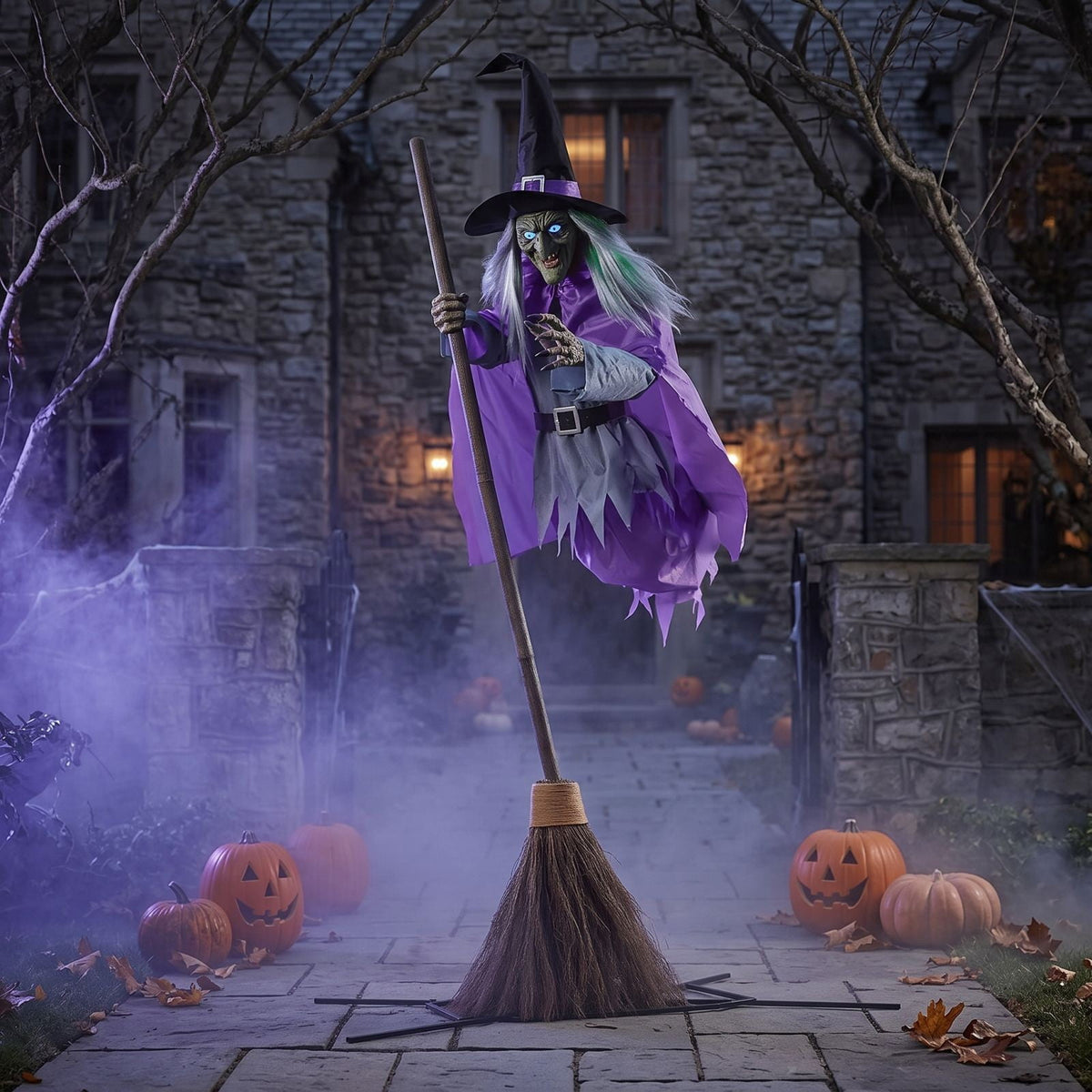 Halloween Flying Witch on Broom Decorations, 6 FT Animated Hovering Witch Animatronics Holding Sweeper Props with Scary Sounds and Lights, House Decor for Outside Indoor Garden Yard Lawn