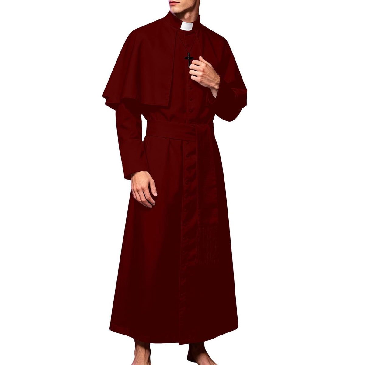 JOANKDMI Catholic Priest Costume for Men Clergy Cassock Robe with Capelet and Sash Halloween Party Outfit Religious Father Minister Fancy Dress for Men