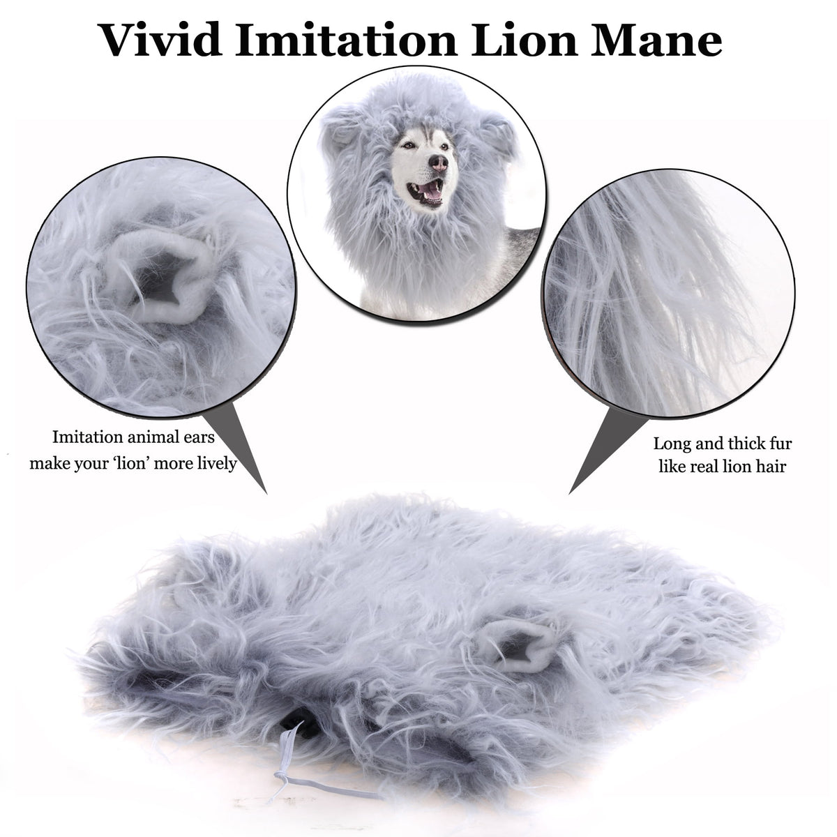 Lion Mane Wig for Dogs, Funny Pet Cat Costumes, Furry Dog Clothing Accessories (Size M,Grey)