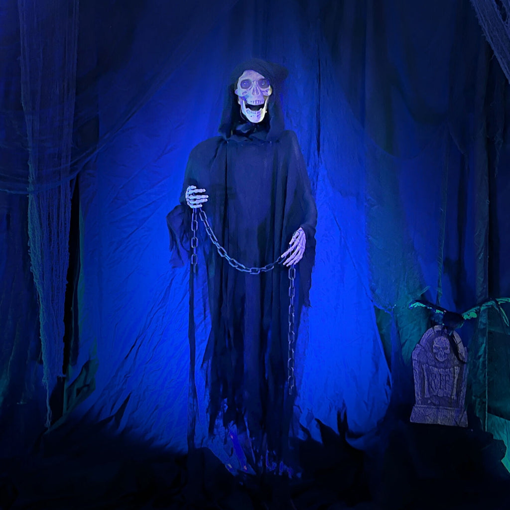 Haunted Hill Farm 5 ft Life-Size Animated Grim Reaper Prop w/ Chain and Rotating Head for Indoor or Outdoor Halloween Decoration, Battery-Operated
