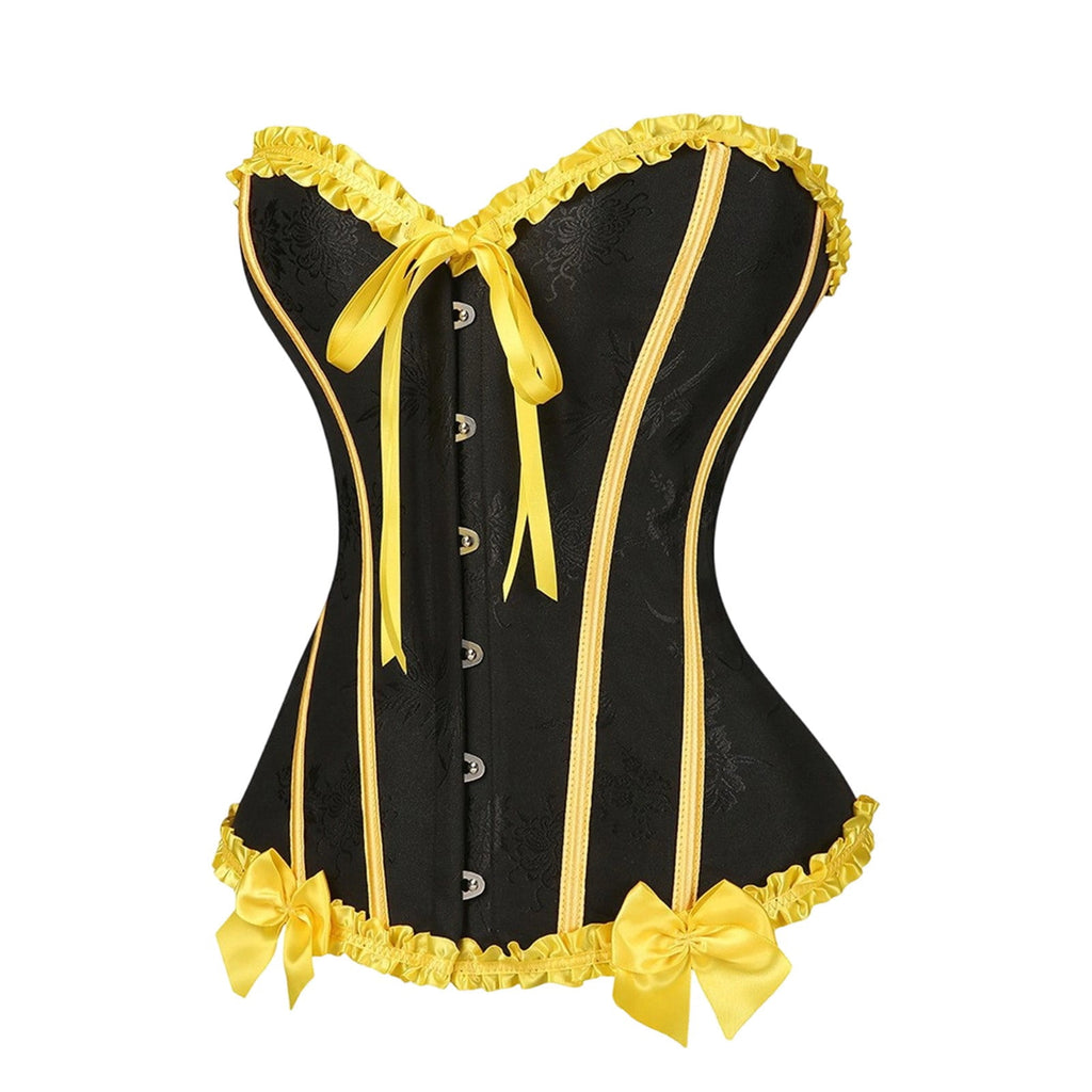 JOANKDMI Women's Chic Gothic Steampunk Corset Top with Ribbon Tie and Ruffle Trim Elegant Bustier for Pirate Roleplay and Vampire Halloween Dress Up Outfit