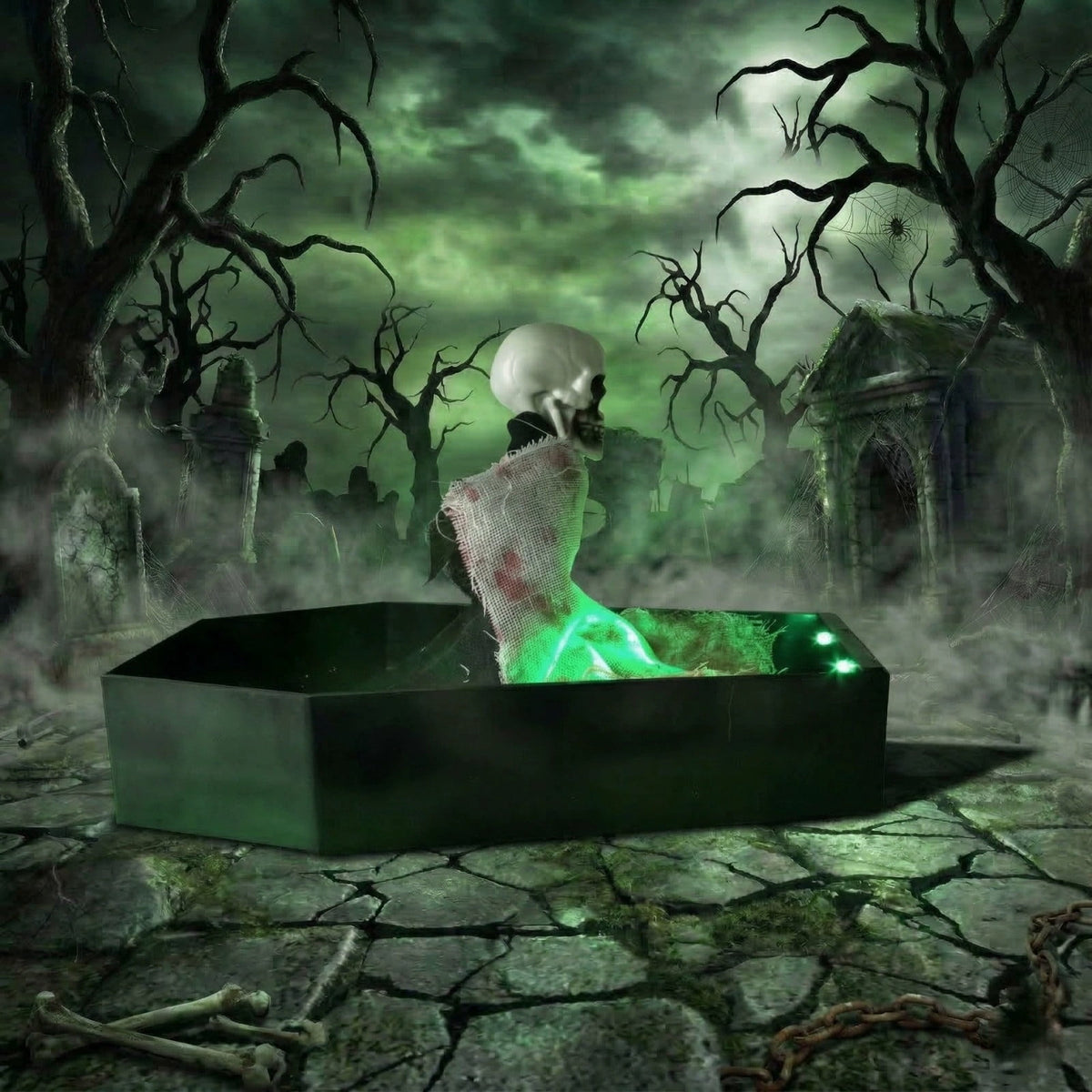 Animated Halloween Skeleton Coffin Decoration, Voice Activated Po*p Up Skeleton with Green LED Lights and Spooky Sounds, Horror Tabletop Prop for Halloween Party Home Decor Haunted House Display