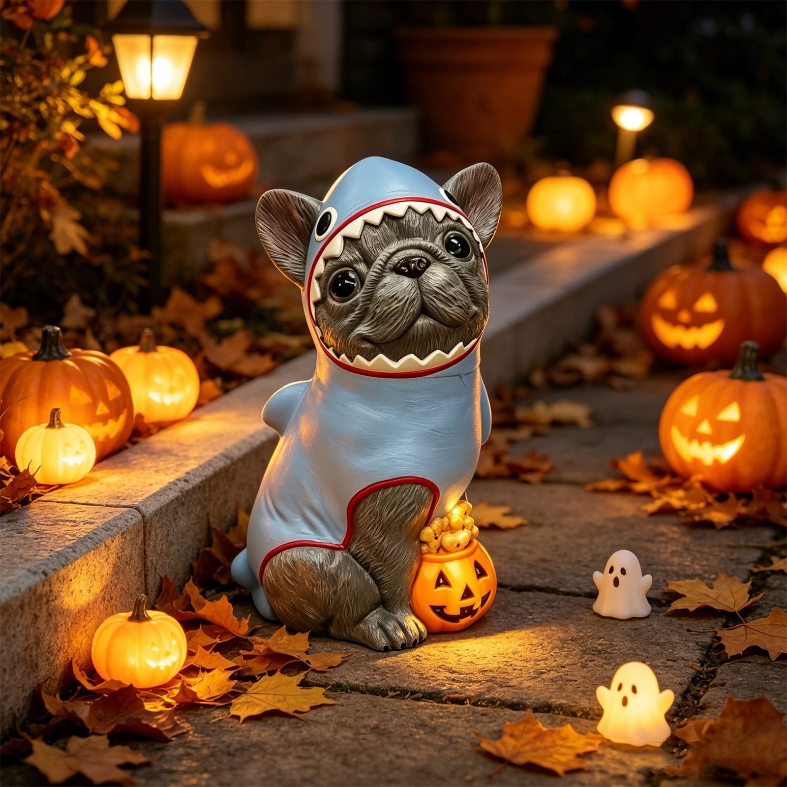 Gray Frenchie in Shark Costume Blow Mold, Halloween French Bulldog Statue with Light Up Pumpkin Decor, Cute Resin Outdoor Indoor Tabletop Dog Ornament, Entryway Patio Yard Decoration, 8"
