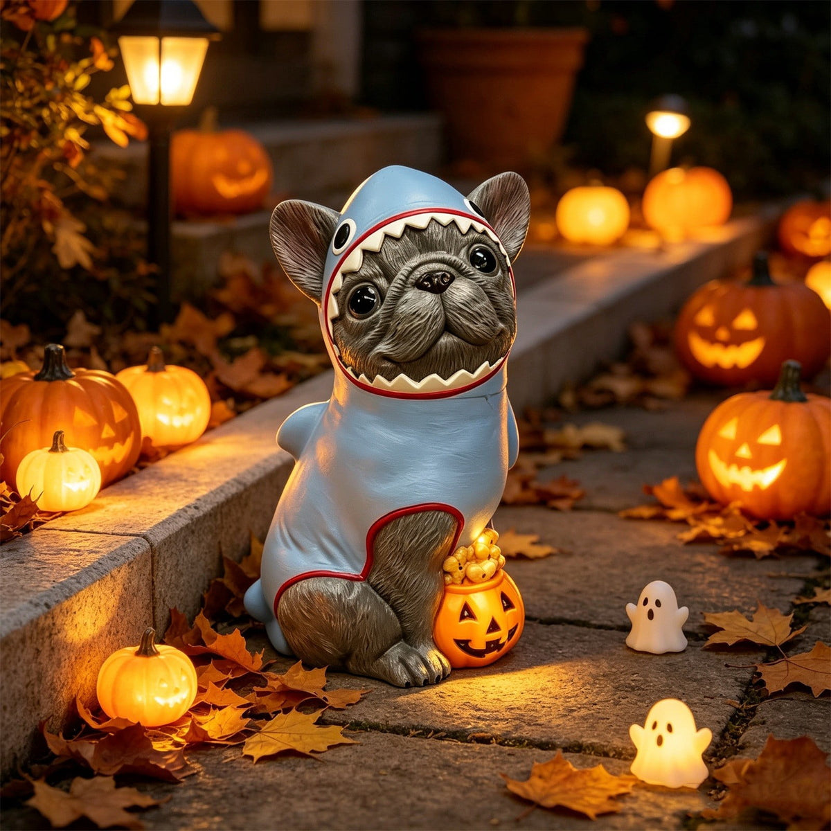 Lighted Scarecrow Bull Terrier Halloween Blow Mold, Cute Puppy Pumpkin Hat Halloween Decor, Resin Ornament for Patio Yard Tabletop Home Decoration, 8"