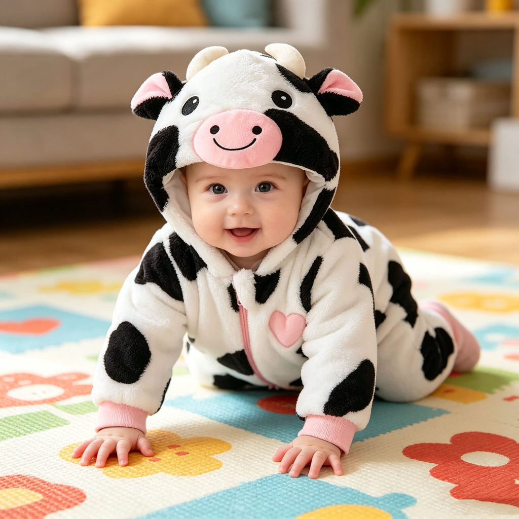 RUINIXCW Baby Cow Costume Infant Halloween Animal Costume Baby Boy Girl Warm Fall Winter Outfit Fleece Jumpsuit Snowsuit Baby Photoshoot Outfits Long Sleeve Zip Up Hooded Romper