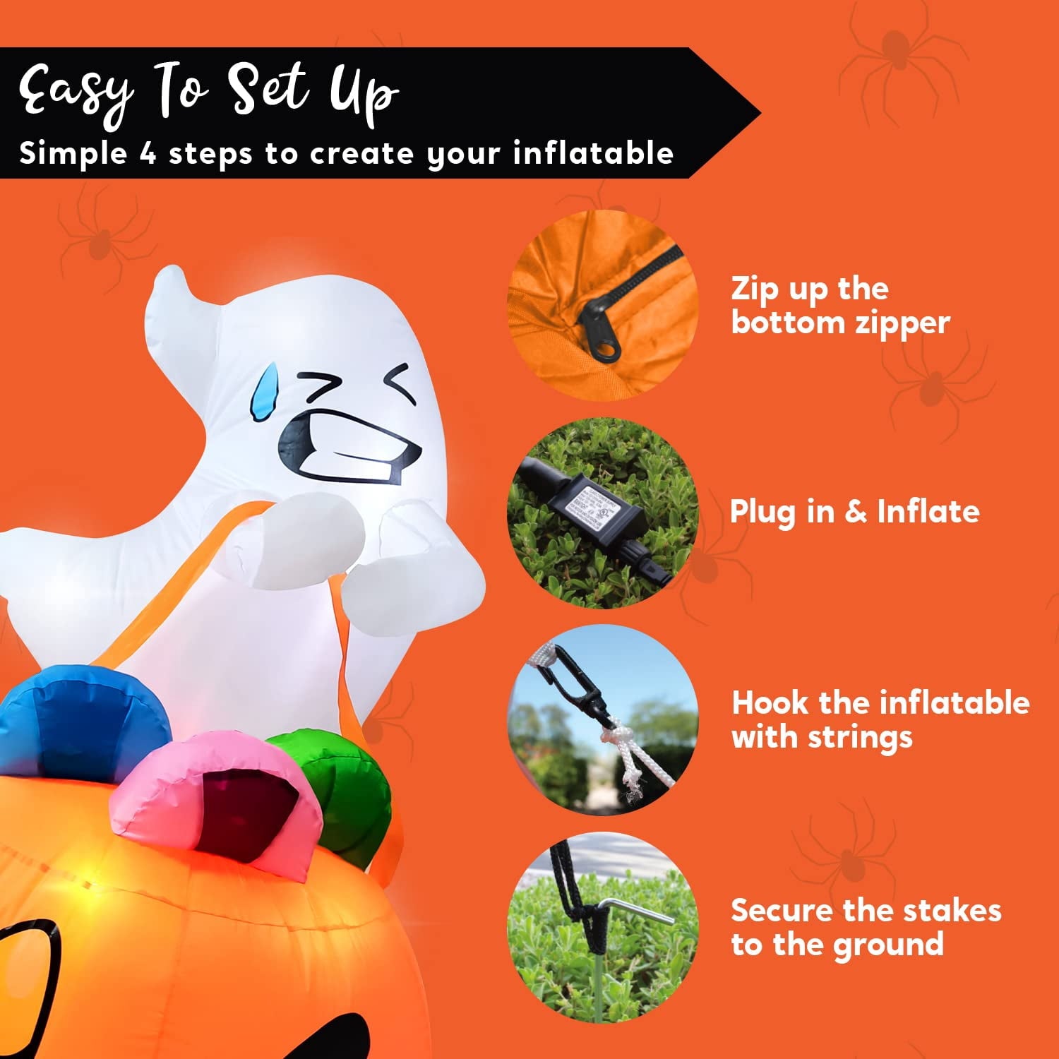 Joyfy 5ft Halloween Inflatables Light up Cute Ghost,Blow Up Ghost Lift Pumpkin Candy Bag with Build-in LEDs for Yard Decorations