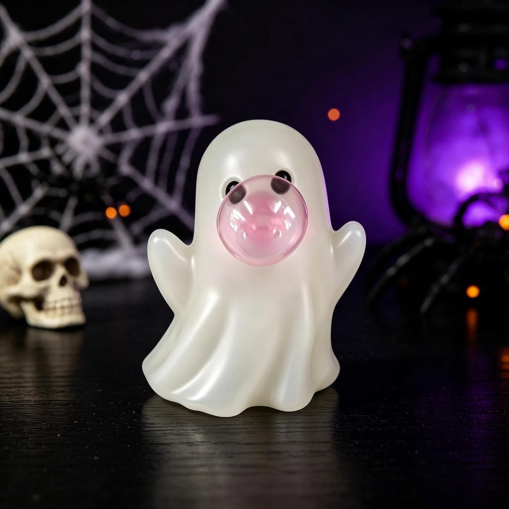 Cute Reading Ghost in Teacup Figurine, Resin Ghost Statue with Pink Bow Heart Floral Cup, Table Centrepiece Tiered Tray Desk Shelf Decor, Small Halloween Decorations, 4.5 Inch