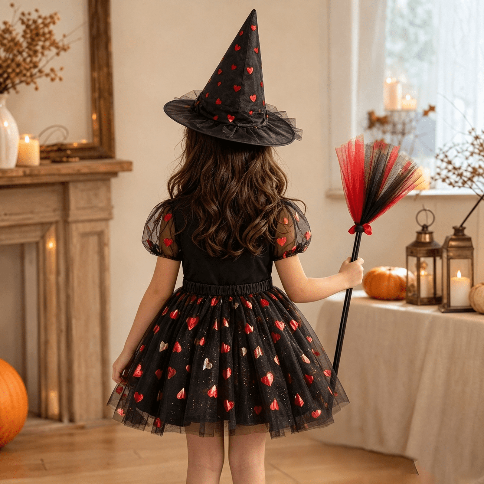 choiix Witch Tutu Skirt and Hat Set with Broomstick Halloween Costume Outfit with Printed Tulle Skirt and Witch Hat Cosplay Outfit for Party 100