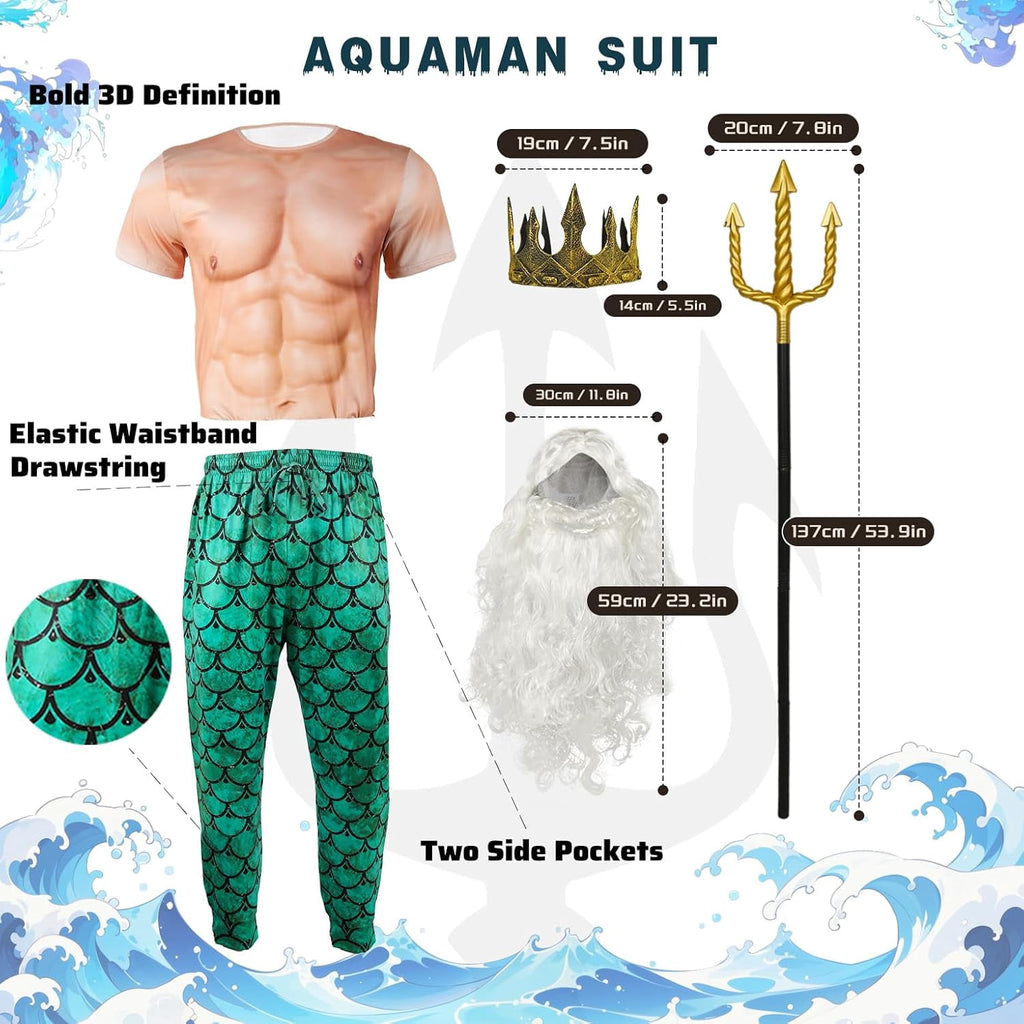 5 Pcs Halloween Poseidon Costumes Cosplay God of The Sea Mermaid Pants Muscle Shirt Trident Scepter Wig Beard and King Crown