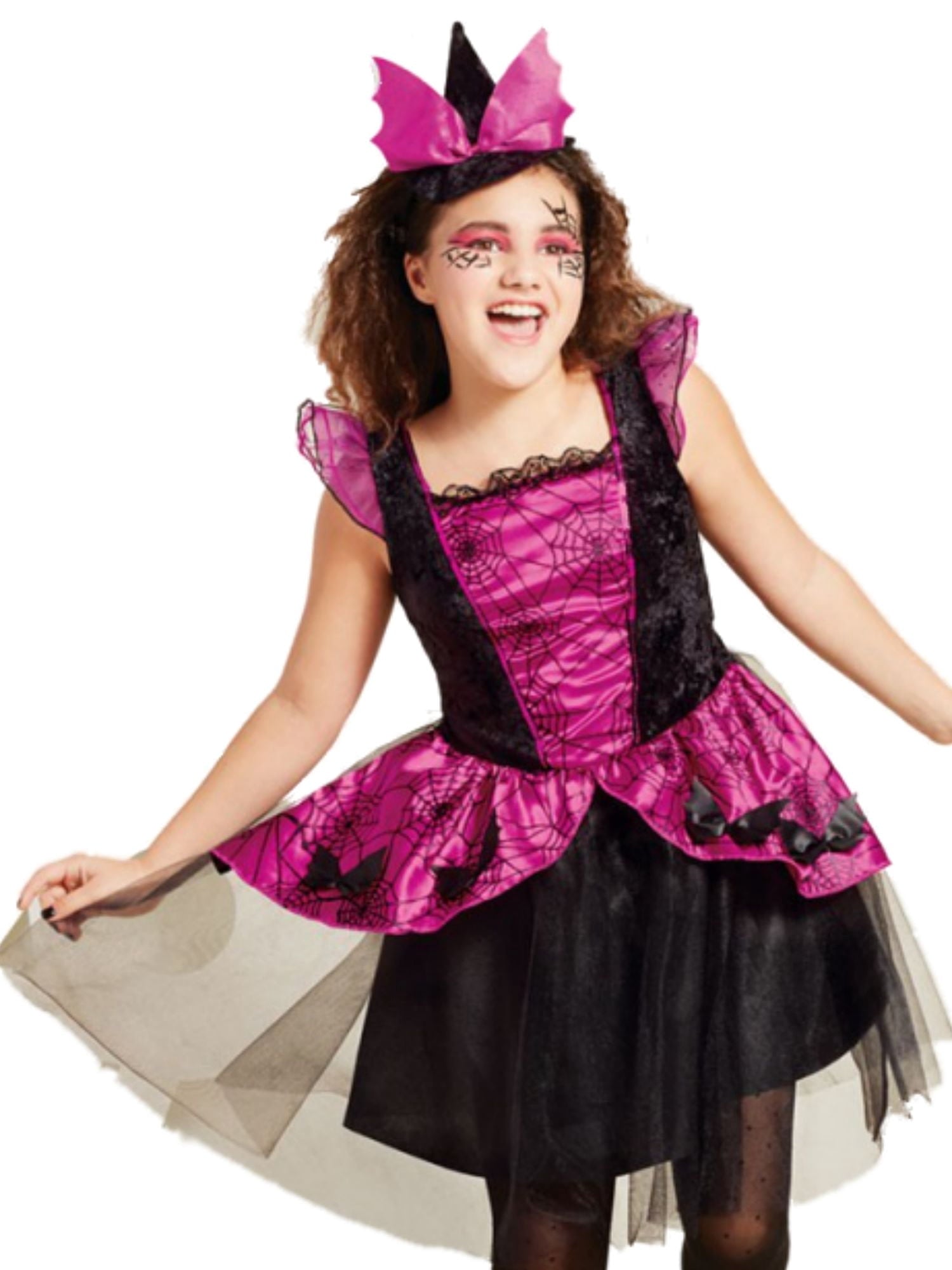 Girls Pink Bat Witch Black Glitter Tulle Halloween Dress Costume L 10/12
