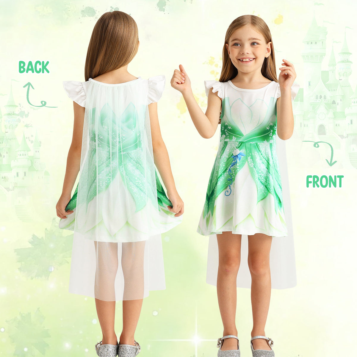 Benylion Girls Ice Princess Dress Halloween Cosplay Costumes With Tulle Cape Kids Birthday Party Dress up Outfit for 7-8 Years
