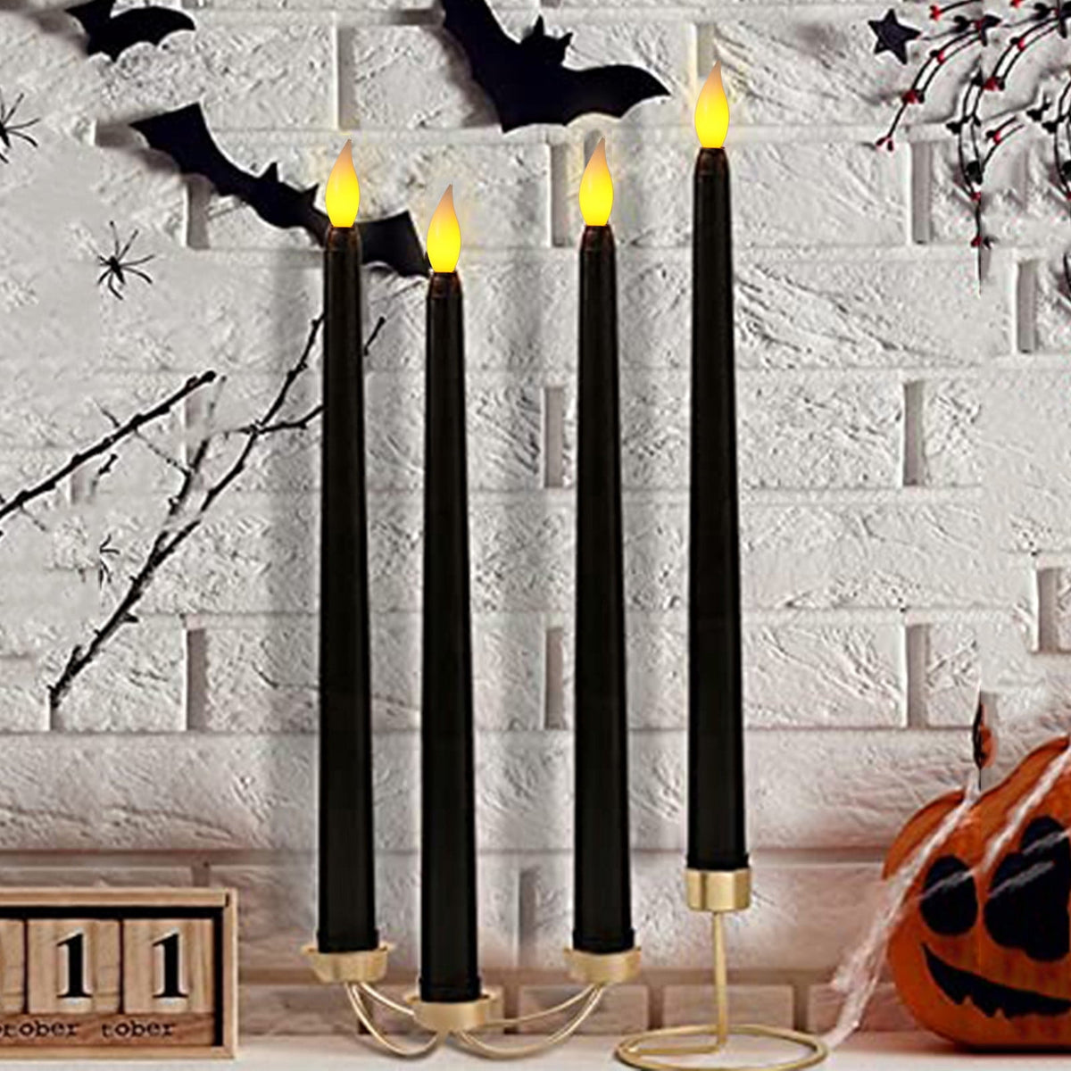 TOPRenddon Black Flameless Taper Candles, Flickering Battery Halloween LED Candlesticks Set of 2, Gothic Wedding Decor