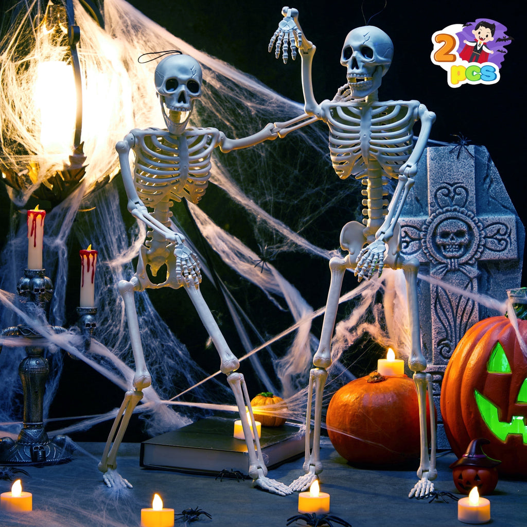 Joyfy 24 Inch Halloween Skeleton Decor with LED Light Eyes,Posable Skeleton Halloween Prop Full Body with Movable Joints for Haunted House Indoor Outdoor Decoration Spooky Decor