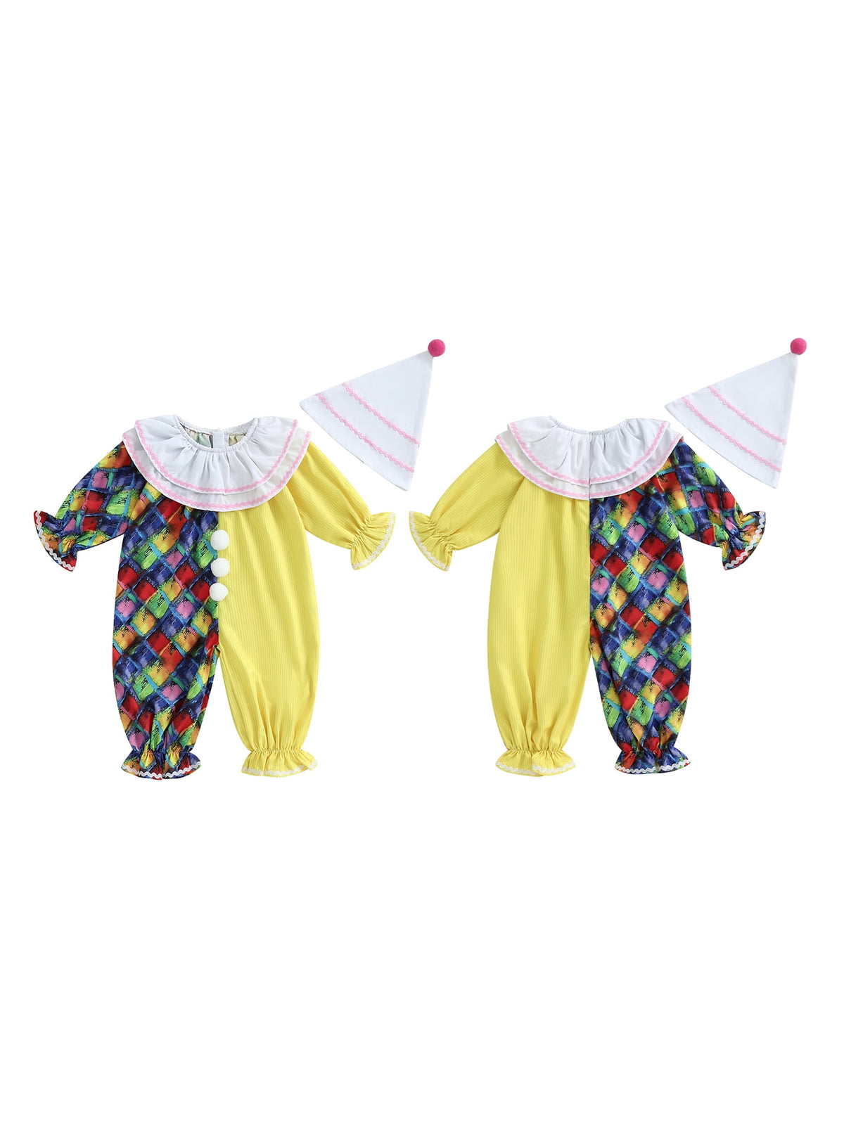 RUINIXCW Kids Toddler Baby Girl Boy Halloween Outfit Clown Costume Infant Baby Girl Boy Romper Birthday Photoshoot Outfit Contrast Color Long Sleeve Jumpsuit Hat