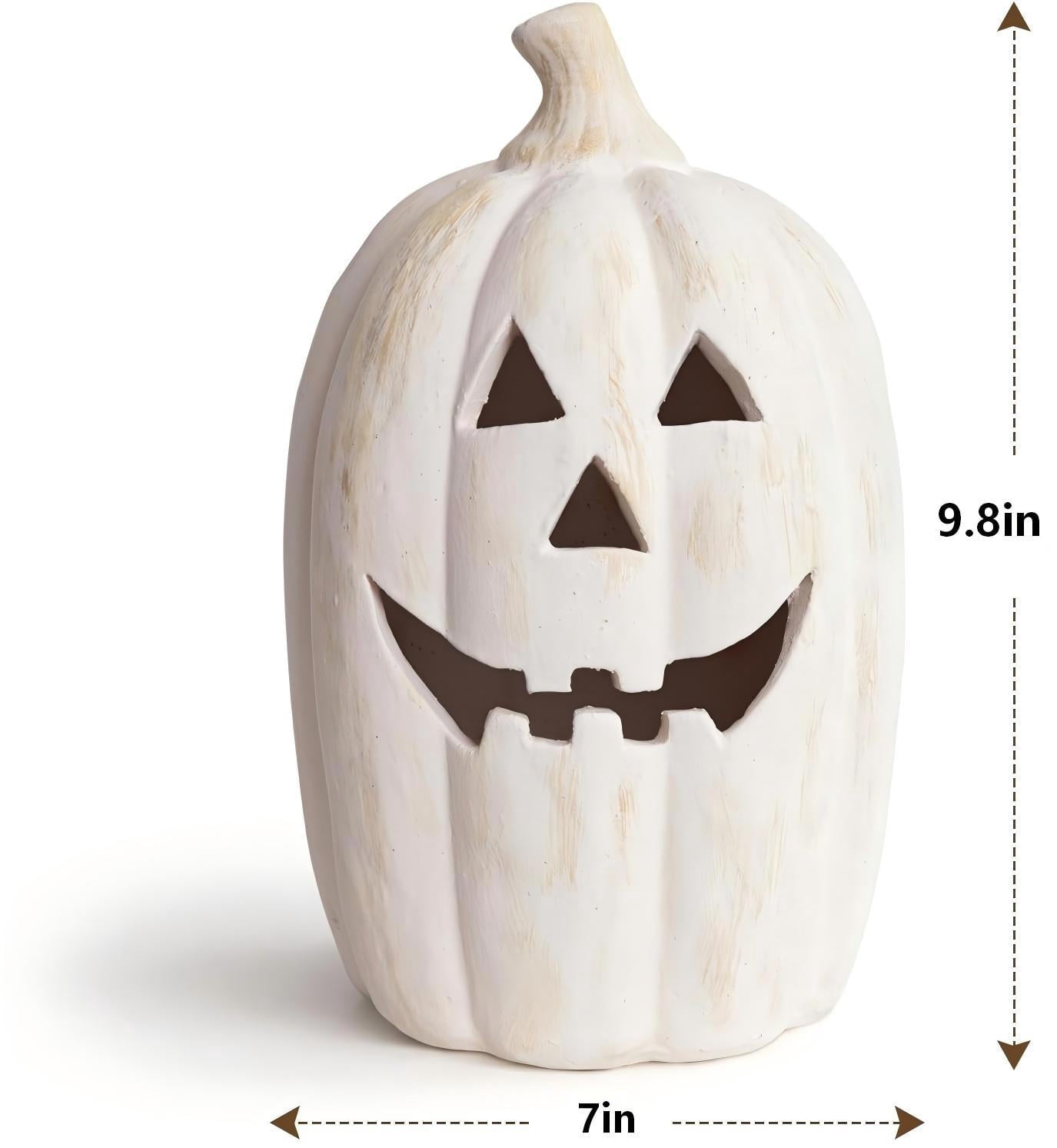 Fall Decor - Halloween Decorations - 5.9"H White Handmade Resin Pumpkin Jack O' Lantern with Flameless Candle - Outdoor Indoor Autumn Decoration for Table Centerpieces Porch Room Front Door