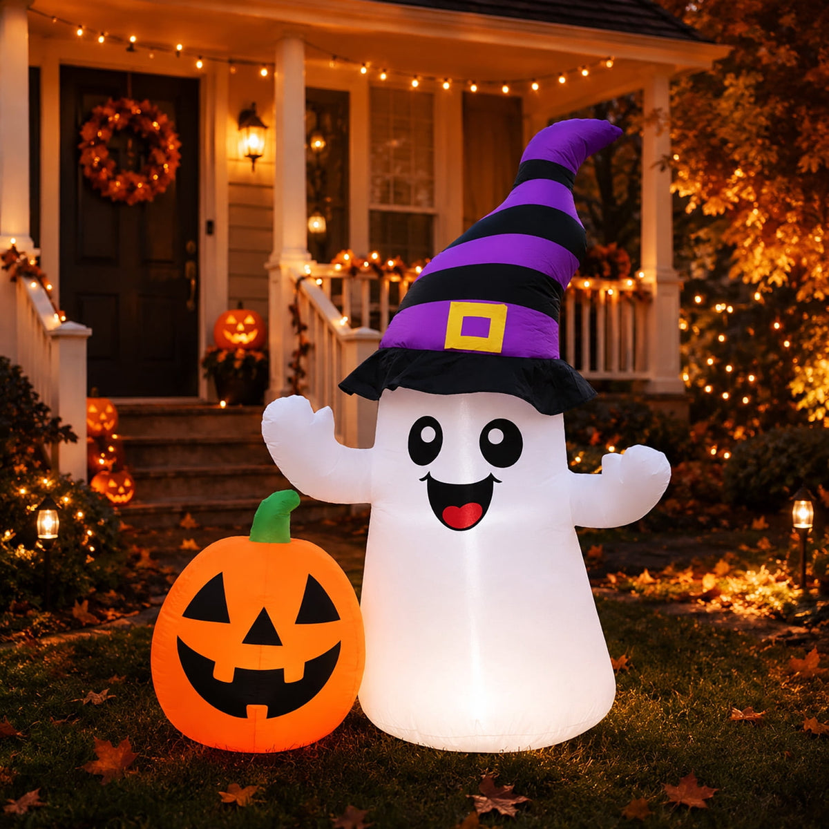 Toiyjofe 5.5 ft Halloween Inflatable Ghost with Pumpkin, LED Lighted Cute Halloween Yard Decoration for Porch, Lawn, Walkway & Party