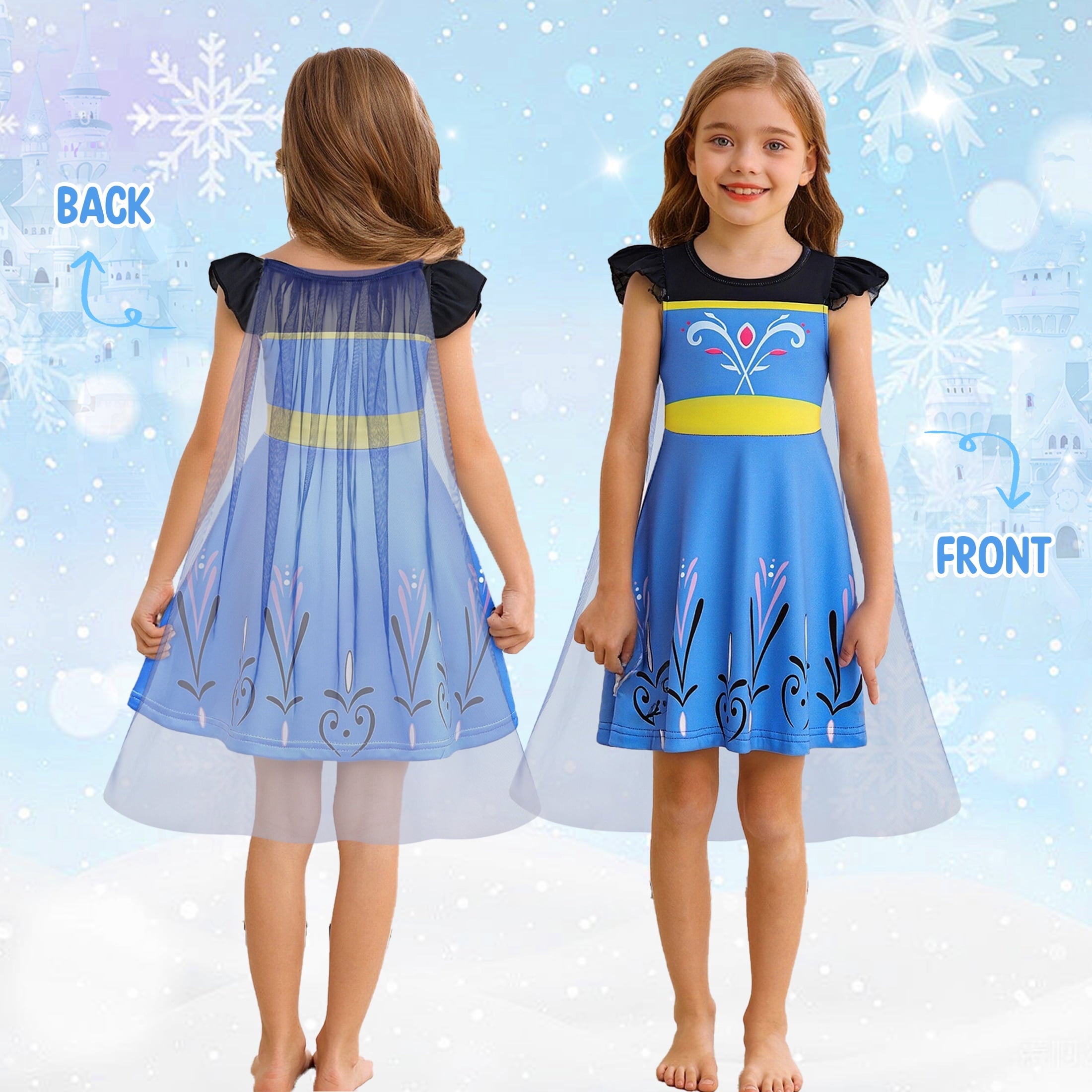 Benylion Girls Ice Princess Dress Halloween Cosplay Costumes With Tulle Cape Kids Birthday Party Dress up Outfit for 7-8 Years