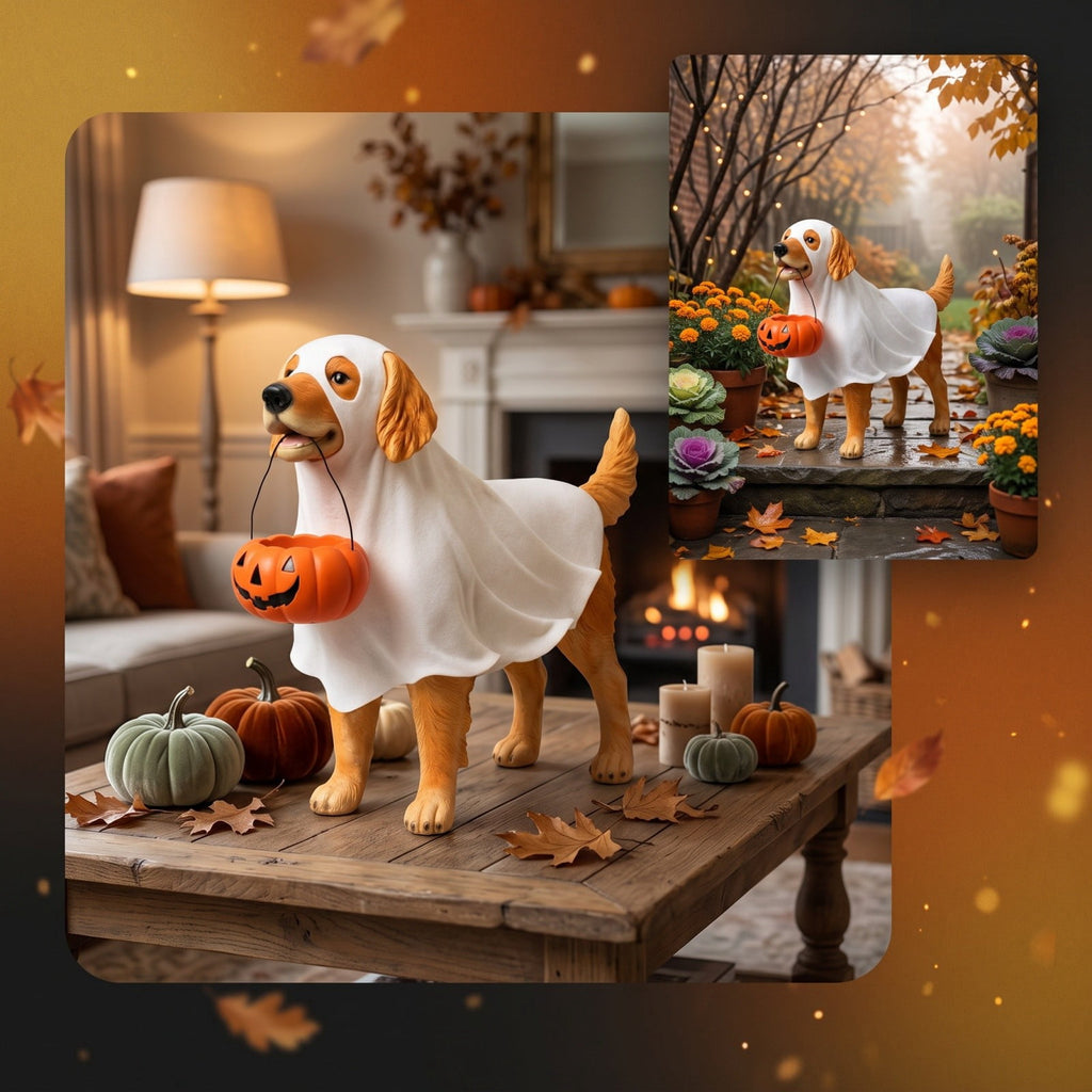 Halloween Dog Greeter - Frenchie 7.9in Resin Witch Dog with Light-Up Pumpkin, Spooky Fall Decor, Indoor Outdoor Tabletop Decoration