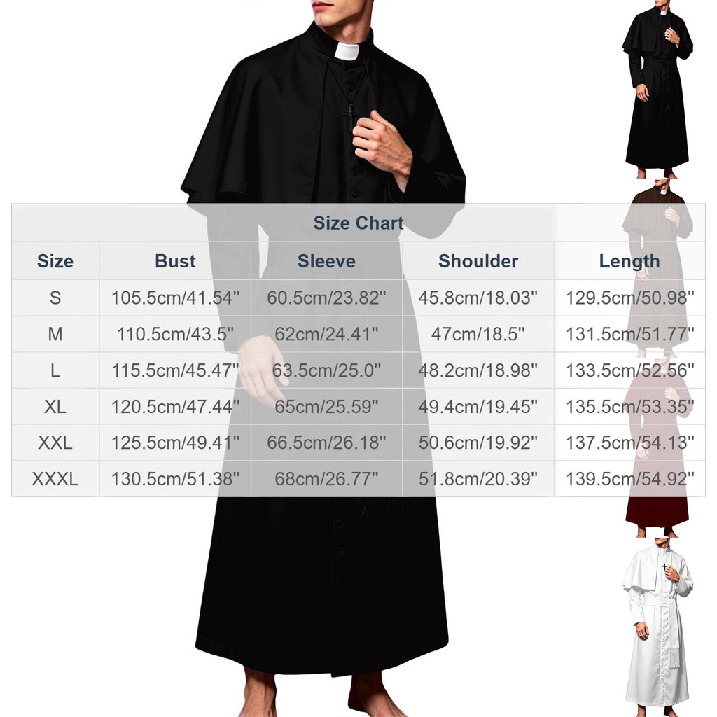 JOANKDMI Catholic Priest Costume for Men Clergy Cassock Robe with Capelet and Sash Halloween Party Outfit Religious Father Minister Fancy Dress for Men