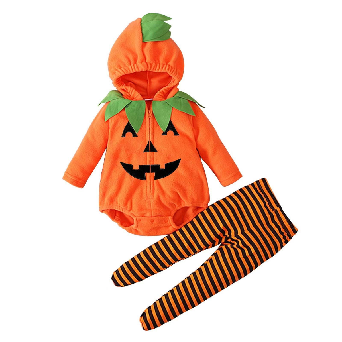 Newborn Infant Cute Jack-O-Lantern Costume Halloween Bodysuit and Striped Leggings Set Fall Holiday Fancy Dress Up Outfit for Boys Girls Party Festival