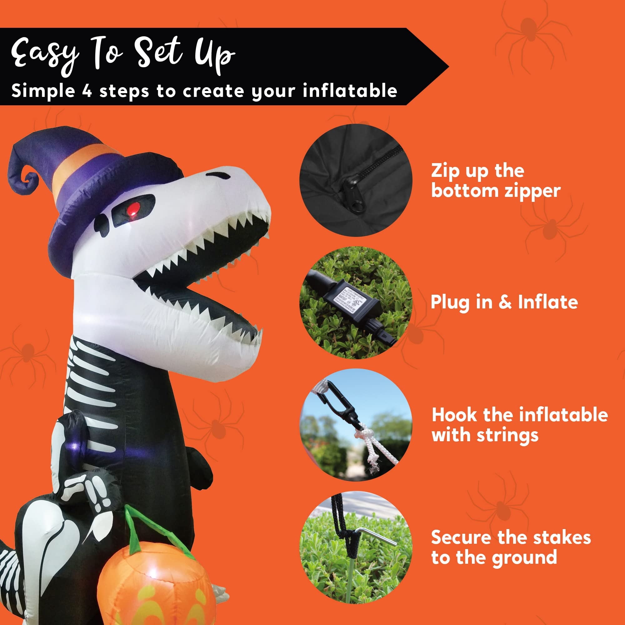 Joyfy 8 FT Halloween Inflatable Skeleton Dinosaur with Build-in LEDs Pumpkin Decorations,Halloween Outdoor Decorations Blow up Yard Decorations