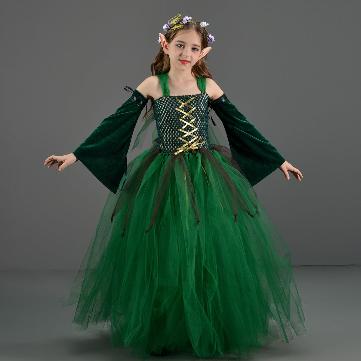 Girls Halloween Forest Elf Fairy Costume Green Sleeveless Tulle Tutu Dress+ Arm Sleeves+ Elf Ears+ Garland