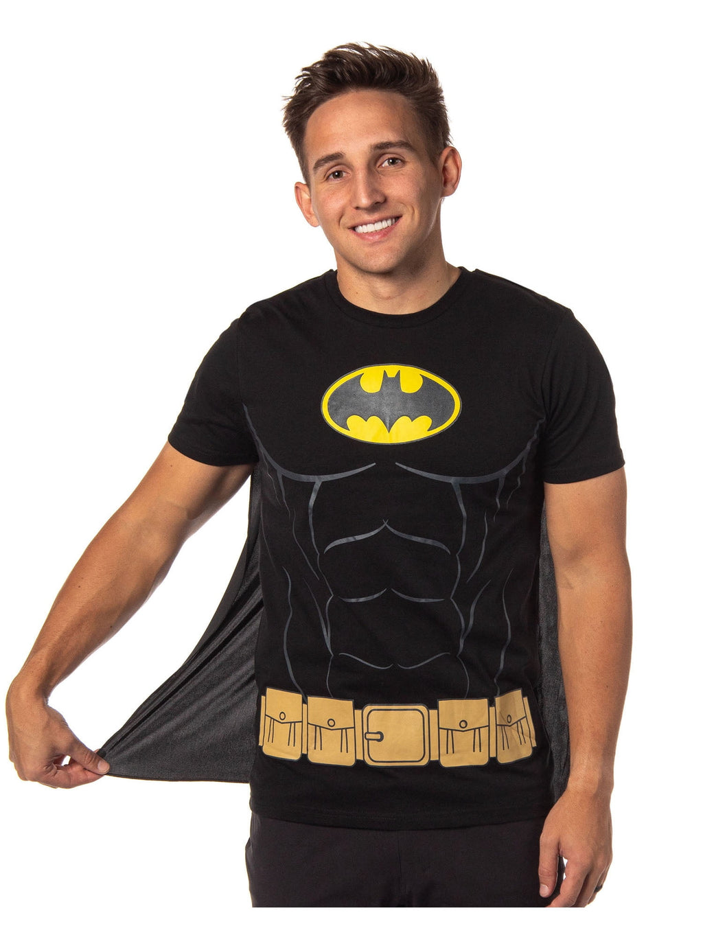 DC Comics Men's Batman Costume Shirt With Detachable Cape Classic Bat Logo Batman Cosplay Tee