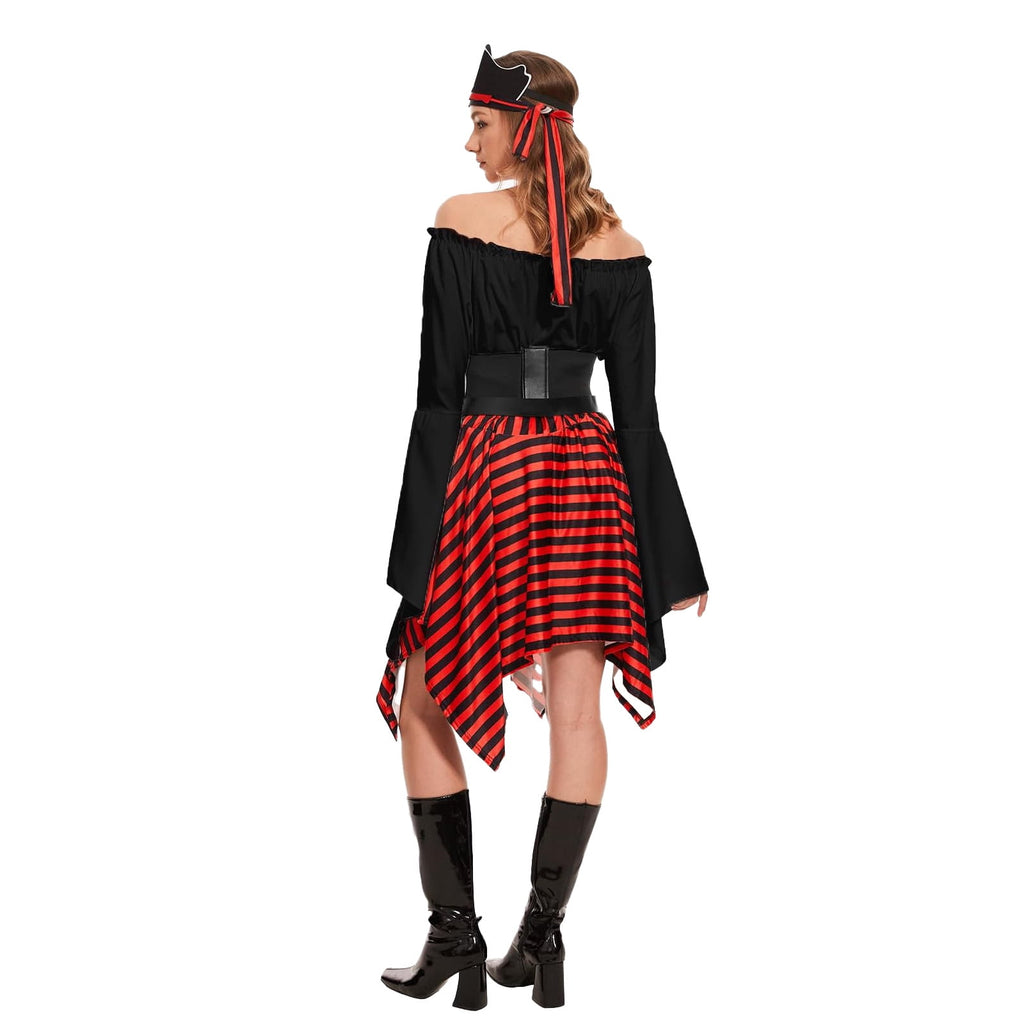 HNKMDK Adult Pirate Costumes for Women Halloween Queen Costumes Renaissance Shirts Pirate Skirts Turbans Waistbands Eye Masks(White,L)