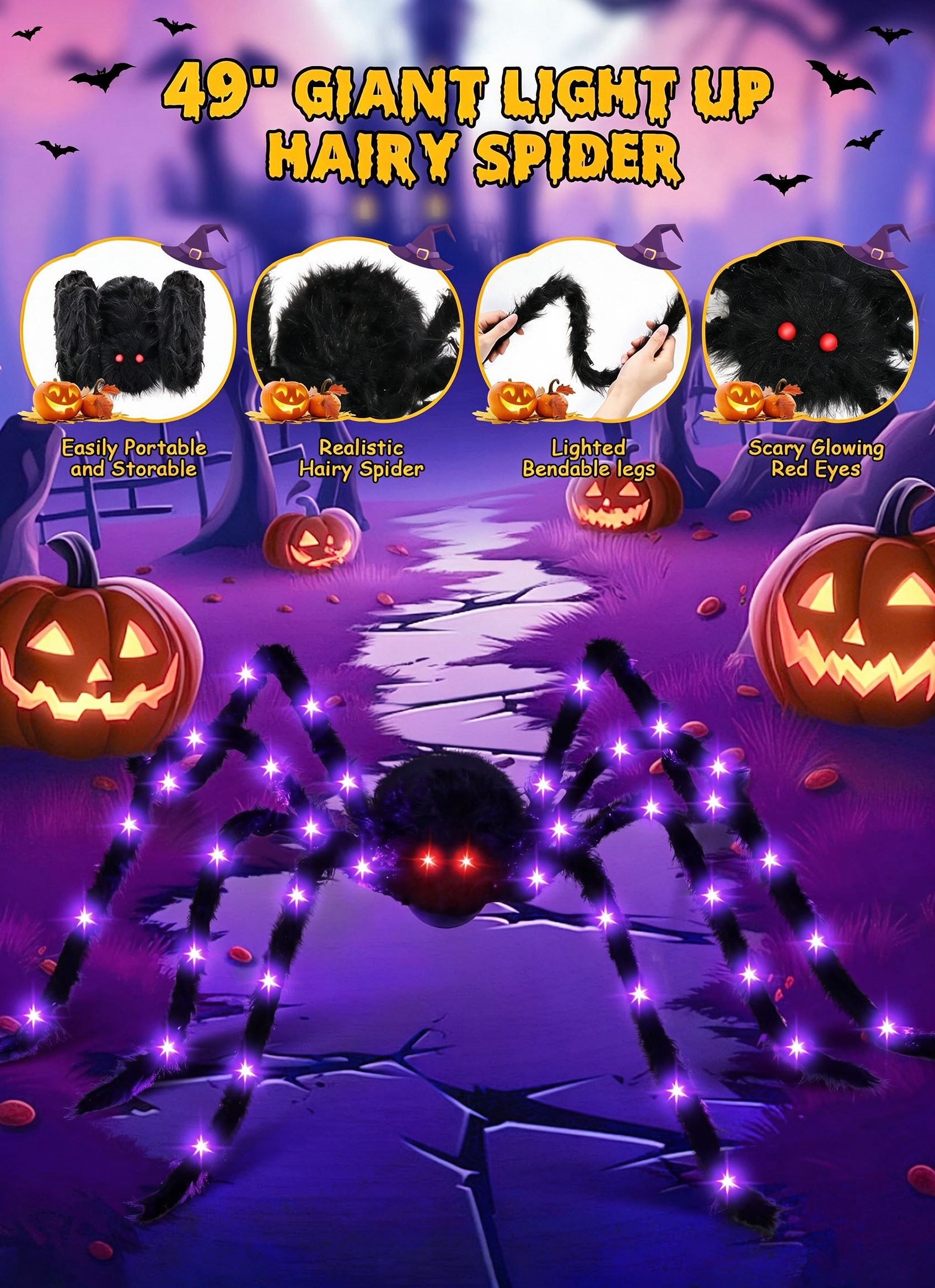 Halloween Decorations Outdoor Spider Webs: 1Pcs Giant Spiders - 200'' Triangular Web with Hook - Stretch Web and Ground Stakes for Large Halloween Decor and Haunted House Decoration