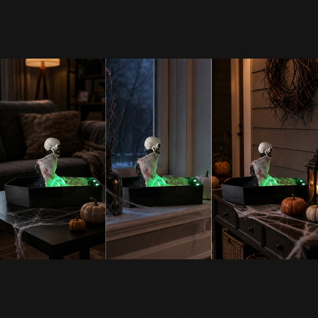 Halloween Animated Coffin Decoration, Rising Skeleton Skull Prop with LED Lights Motion Effect, Creepy Graveyard Horror Decor for Indoor Outdoor Party Tabletop Hau*nted Hous Display