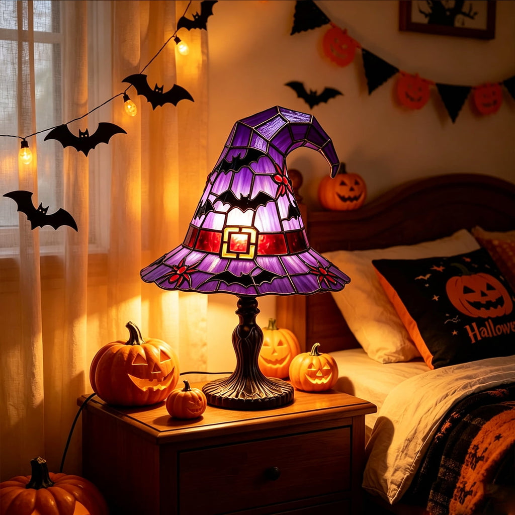 Clearance Halloween Table Lamp Decorations, Witch Hat Lamp Gifts - Handcrafted Retro Resin Witch Lamp, USB Powered Gothic Wizard Hats Night Light, Home Decor Accent Lamps for Bedroom