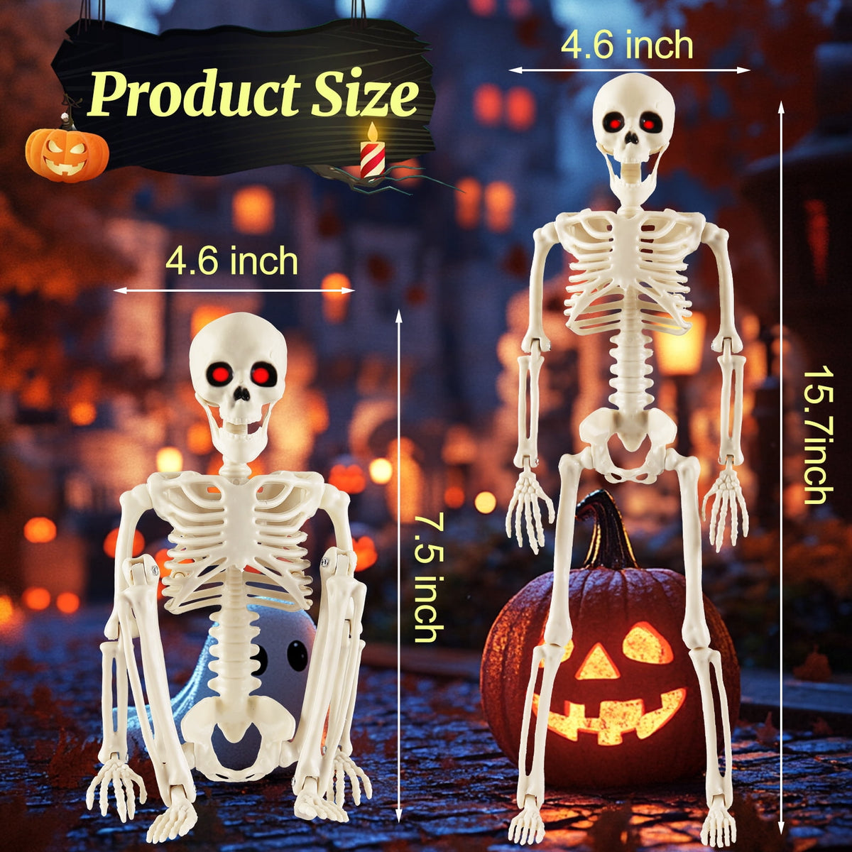 Yalumo Skeleton Halloween Decorations, 4 Pack 16” Full Body Posable Skeleton with Movable Joints, Small Plastic Skeleton Props for Haunted Houses, Graveyards, Yards, Spooky Party Indoor Outdoor Decor